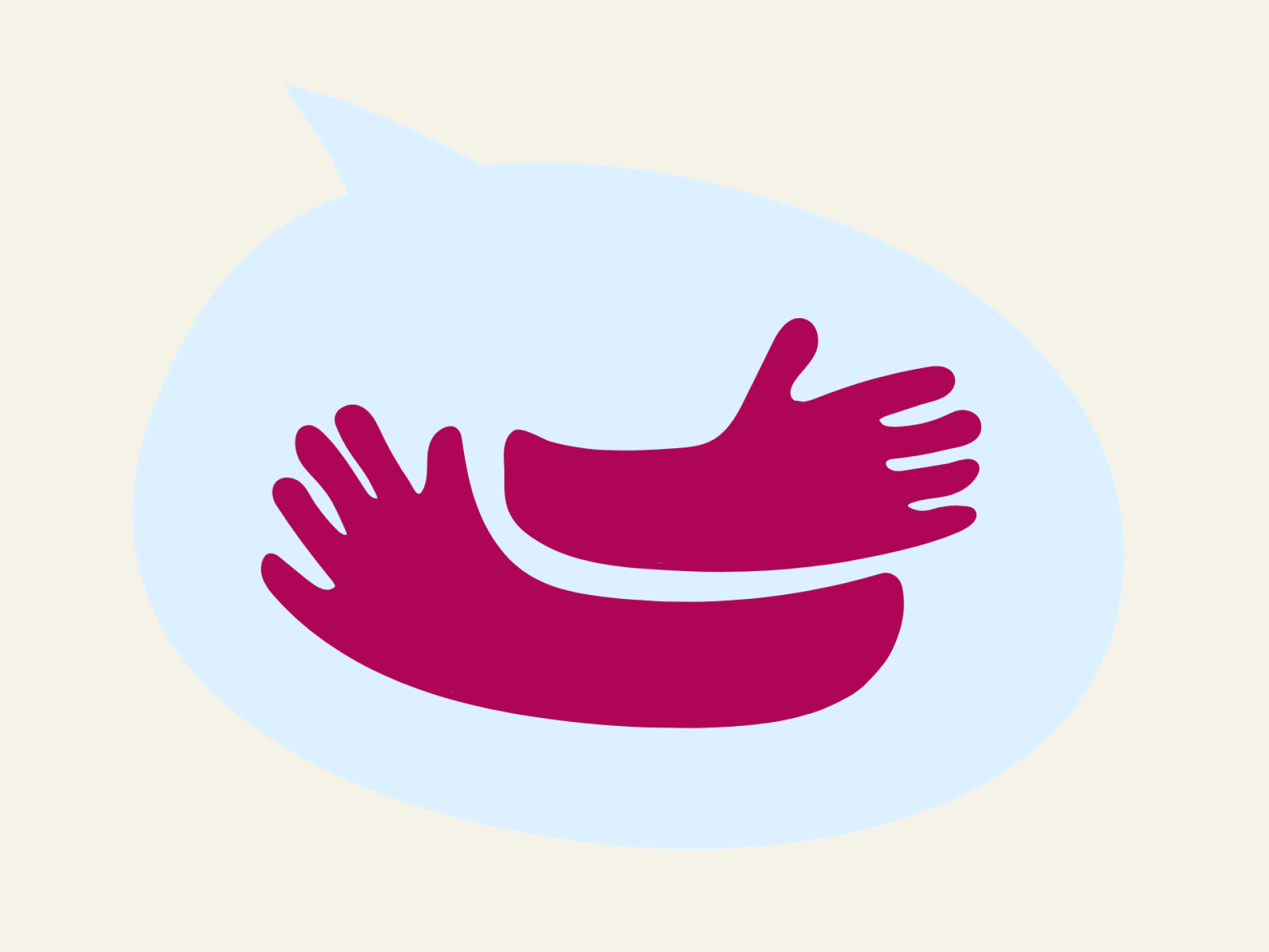 Grafik af en taleboble med et ikon af to hænder, der omfavner i et kram.